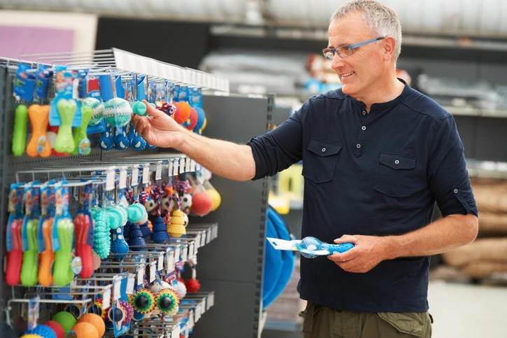Man looking at Shelf Labels in a Pet Store