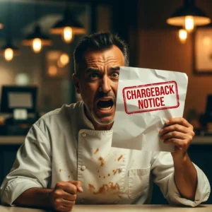 A distraught restaurant owner about chargebacks holds up a recent notice from his online ordering sales.