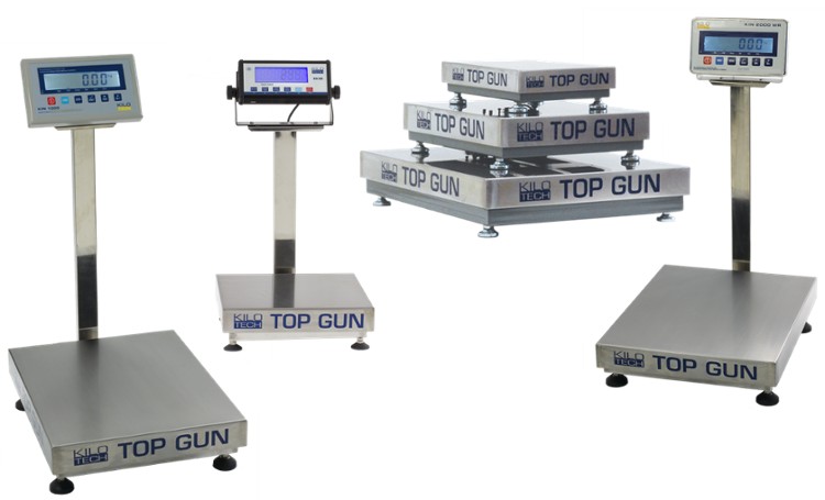 Kilotech Top Gun Platform Scale with stainless steel platter and weight display on a column