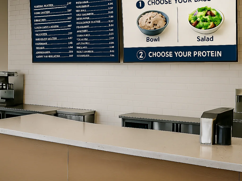 Build your own bowl digital menu boards above a fast casual restaurant counter