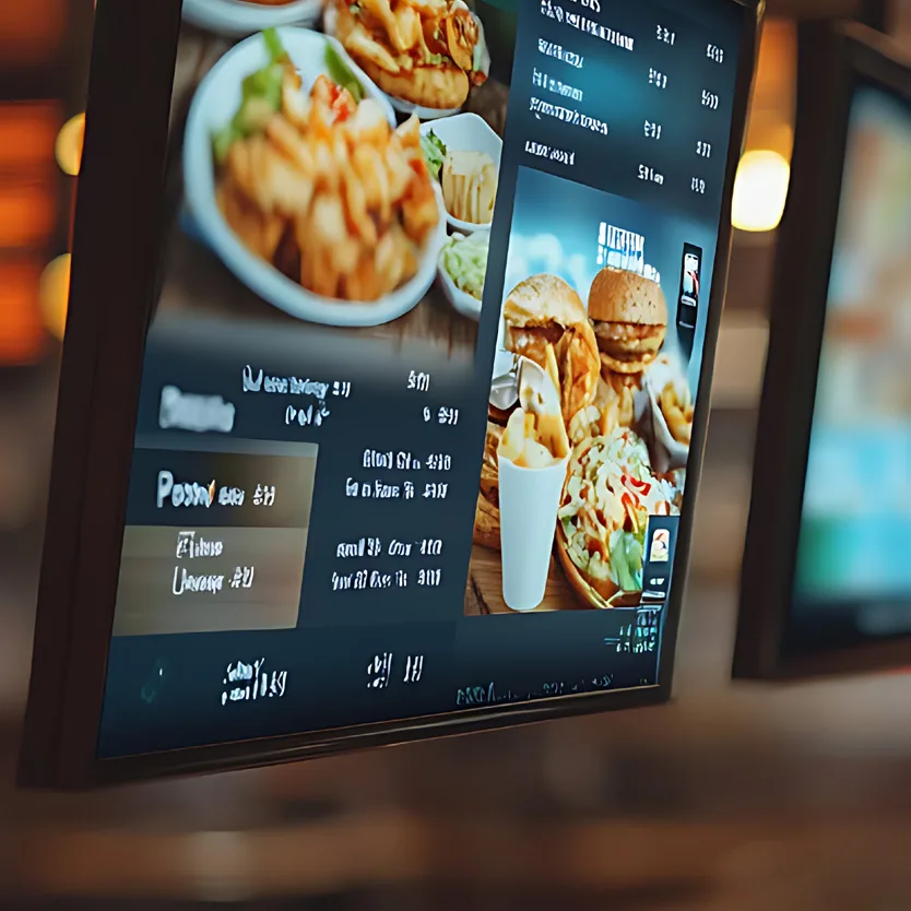 Angled digital menu board featuring burgers, fries and combo promotions