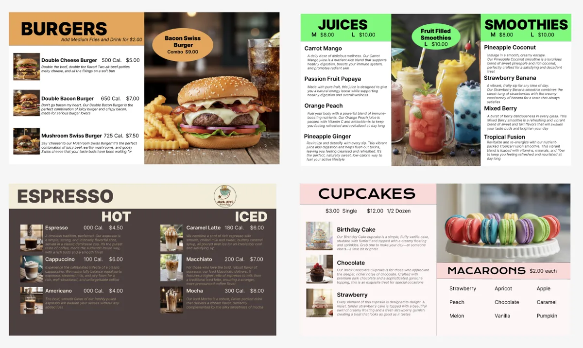 Genius digital menu board templates for burgers, smoothies, espresso and cupcakes